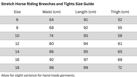 Delzani stretch fit breeches and riding tights size chart with waist, thigh and total length measurements