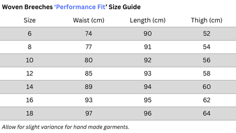 Delzani woven breeches size chart with waist, thigh and total length measurements